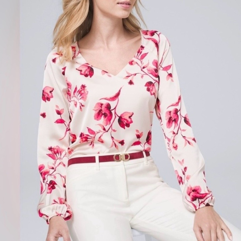 White House Black Market Pink and Cream Floral Blouse